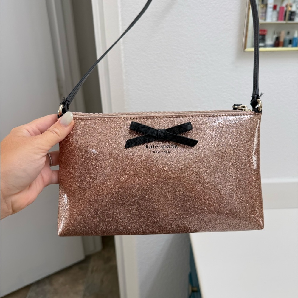 kate spade Rose Gold Glitter Purse with Black Bow Accent